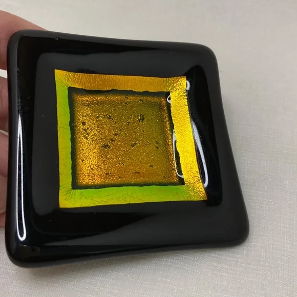 Jane Tivol Studio Art Glass 2013 Green Dichroic And Black Glass Trinket Dish - Picture 9 of 9